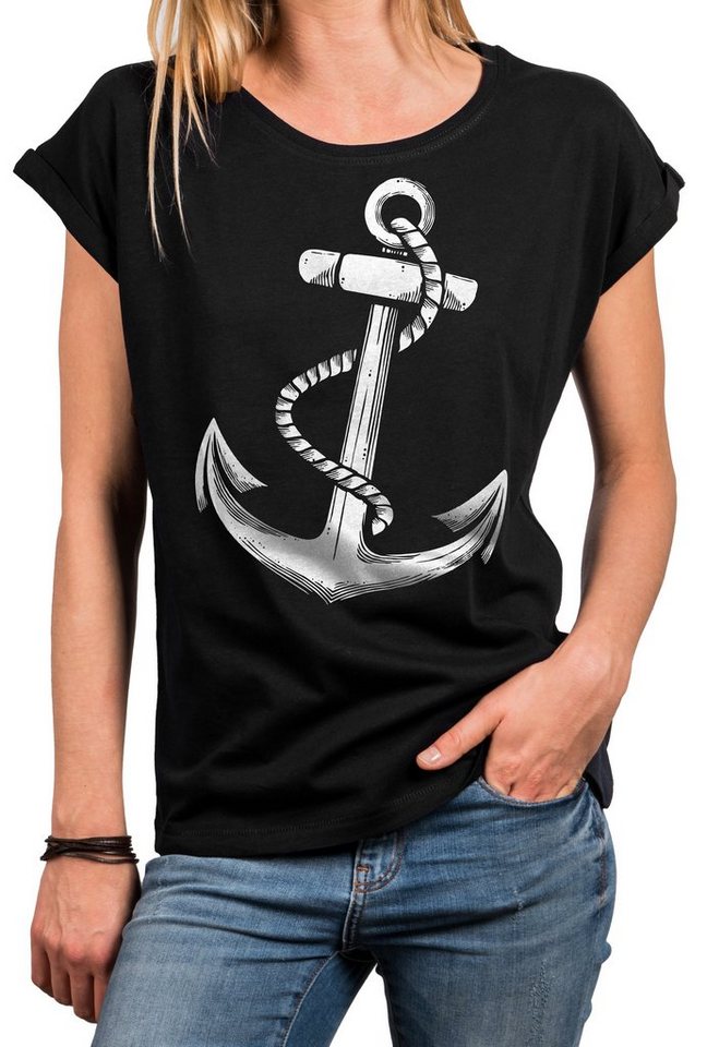 MAKAYA Print-Shirt Damen Anker Motiv Sommer Top Maritime Frauen Oberteile Tunika (Kurzarm, Rundhals, blau, grau, rosa, schwarz) aus Baumwolle von MAKAYA