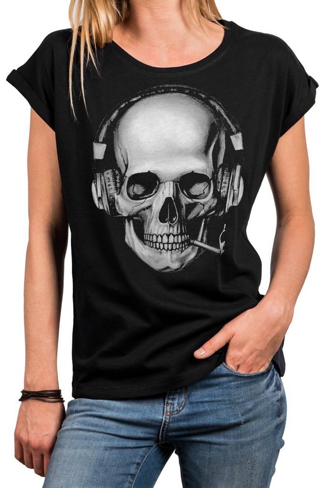 MAKAYA Print-Shirt Damen Cooles T-Shirt mit Totenkopf Design Skull Top - Aufdruck Gothic (Kurzarm, Rundhals, Schwarz, Blau, Grau) große Größen von MAKAYA