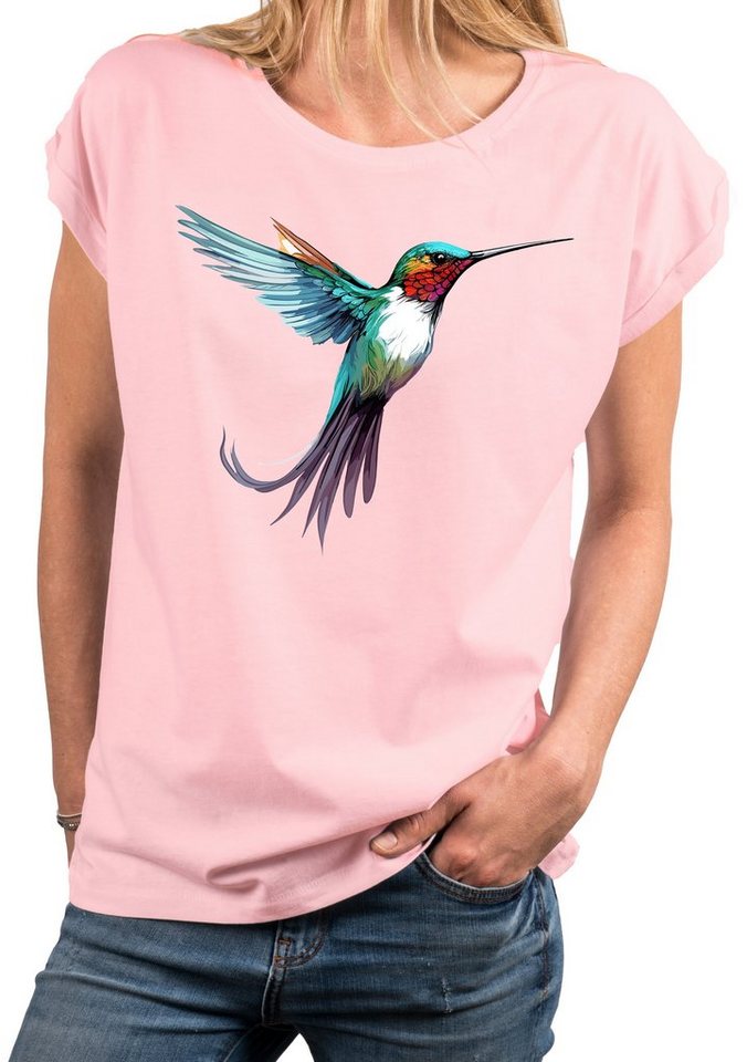 MAKAYA Print-Shirt Damen Kolibri Motiv Sommer Top Druck Vogel Kurzarmshirt Tunika Oversize von MAKAYA