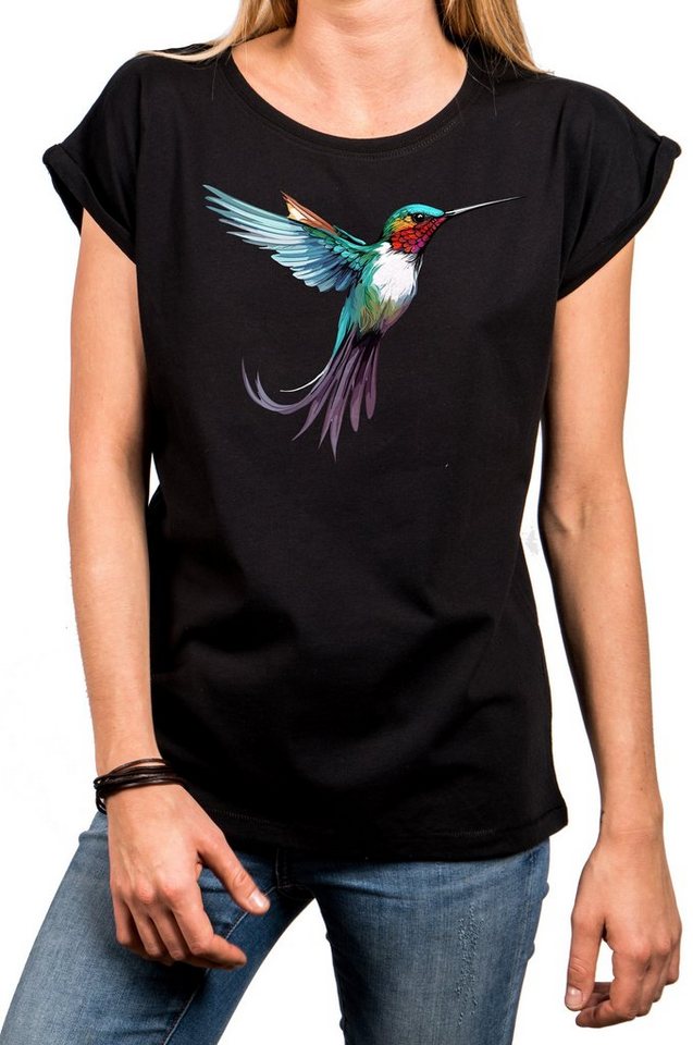 MAKAYA Print-Shirt Damen Kolibri Motiv Sommer Top Druck Vogel Kurzarmshirt Tunika Oversize von MAKAYA