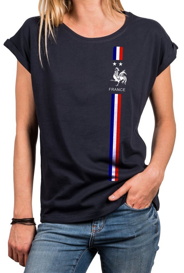 MAKAYA Print-Shirt Damen Kurzarmshirt Baumwolle Frankreich Fahne Flagge Trikot Top Tunika, große Größen von MAKAYA