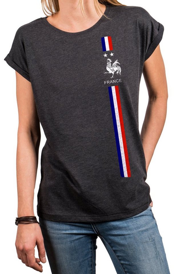 MAKAYA Print-Shirt Damen Kurzarmshirt Baumwolle Frankreich Fahne Flagge Trikot Top Tunika, große Größen von MAKAYA