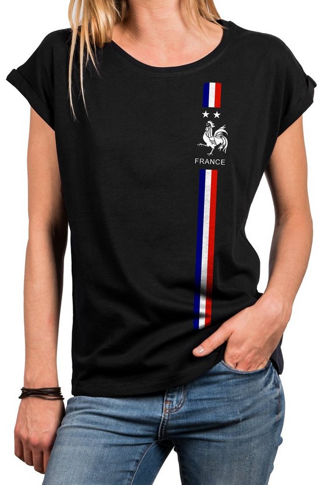 MAKAYA Print-Shirt Damen Kurzarmshirt Baumwolle Frankreich Fahne Flagge Trikot Top Tunika, große Größen von MAKAYA