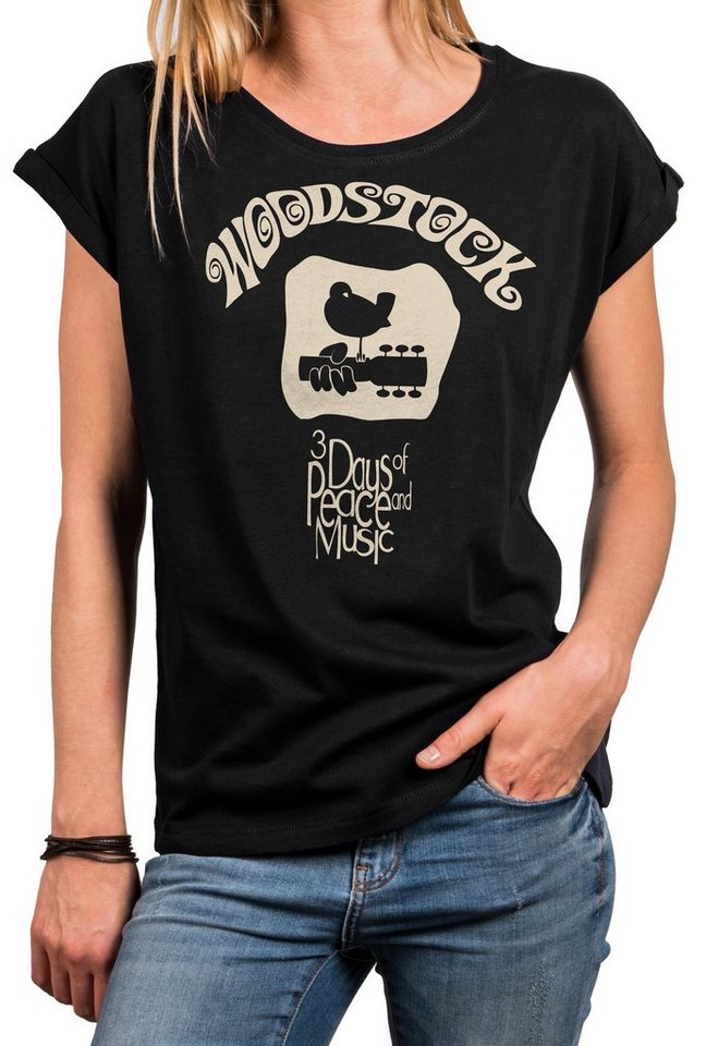MAKAYA Print-Shirt Damen Oversize Top mit Aufdruck-Woodstock Logo Musik Motiv mit Spruch (Tunika elegant, schwarz, blau, grau) große Größen von MAKAYA