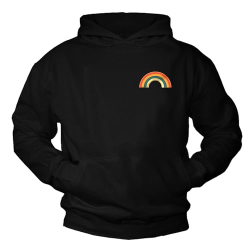 MAKAYA Pullover mit Regenbogen Motiv Vintage Farben Hoodie Regenbogenmotiv Retro Print LGBTQ Pride Pulli Kapuzenpullover Schwarz M von MAKAYA