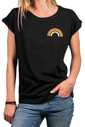 MAKAYA Regenbogen Shirt Damen Kurzarm Sommer Top Rundhals Rainbow Oberteile Regenbogenfahne Regenbogenflagge LGBTQ Schwarz L von MAKAYA