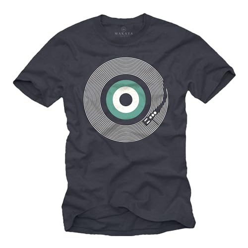 MAKAYA Retro Musik T-Shirt Herren - Vintage Vinyl Schallplatte Record Turntable Hip Hop Motiv Blaugrau Größe XXL von MAKAYA