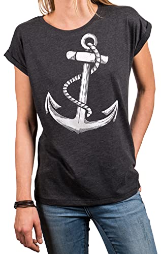MAKAYA Segel Shirt Damen Anker Top Kurzarm T-Shirt Frauen Tunika Sommer Tshirt Große Größen Oversize Grau XXL von MAKAYA