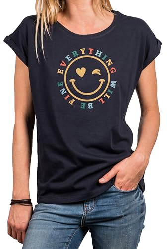 MAKAYA Smile T-Shirt Damen mit Herz Aufdruck - Spruch Retro Hippie Motiv 70er 80er Jahre Woodstock Top Blau Große Größen L von MAKAYA