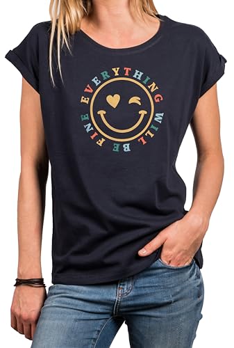 MAKAYA Smile T-Shirt Damen mit Herz Aufdruck - Spruch Retro Hippie Motiv 70er 80er Jahre Festival Top Blau Große Größen M von MAKAYA