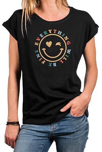 MAKAYA Smile T-Shirt Damen mit Herz Aufdruck - Spruch Retro Hippie Motiv 70er 80er Jahre Woodstock Top Schwarz Große Größen L von MAKAYA