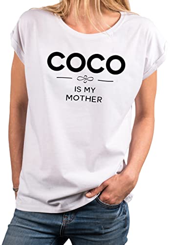 MAKAYA Sommer Top Damen mit Aufdruck Sprüche Shirt Fashion Statement Coco is My Mother Print Tshirt Oversize Funshirt Weiß M von MAKAYA