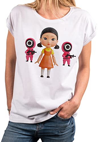 MAKAYA T-Shirt Damen - Game Rotes Licht Grünes Licht Motiv Puppe und Wächter mit Maske Top Tunika Frauen Weiß XS MAKAYA T-Shirt Damen - Game Rotes Licht Grünes Licht Motiv Puppe und Wächter mit Maske Top Tunika Frauen Weiß XS von MAKAYA
