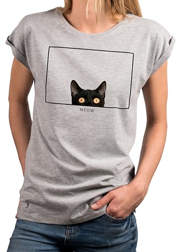 MAKAYA T-Shirt Damen Katze Meow Katzenmotiv Lustig Sommer Top Print Aufdruck Katzen Geschenke für Frauen Grau M von MAKAYA