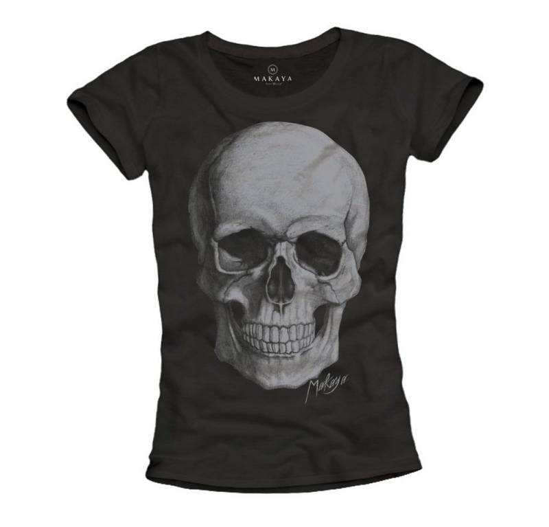 MAKAYA T-Shirt Damen Print Skull Aufdruck Totenkopf Sommer Top Rock Musik Damenshirt mit Frontprint von MAKAYA