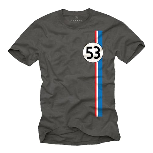 MAKAYA T-Shirt Herren - Herbie 53 Vintage Tuning Motiv Retro Geschenke für Autoliebhaber Grau Größe L von MAKAYA