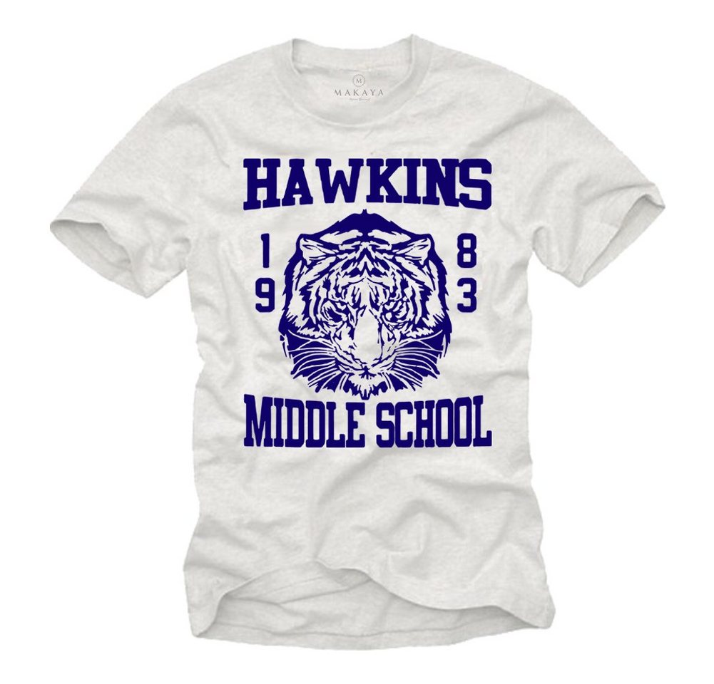 MAKAYA T-Shirt Herren Stranger Motiv Tiger Hawskins Middle School 1983 mit Druck, aus Baumwolle von MAKAYA