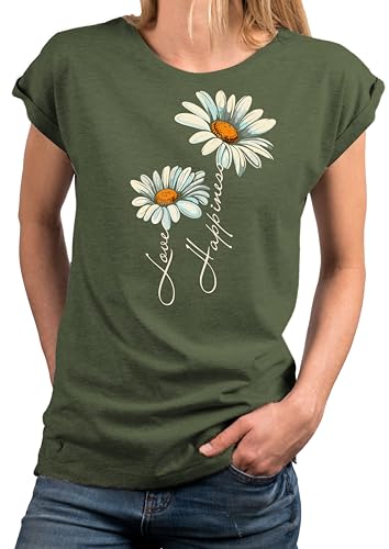 MAKAYA T-Shirt mit Blumendruck Damen Top Gänseblümchen Blumen Shirts Blumenprint Grün Große Größen M von MAKAYA