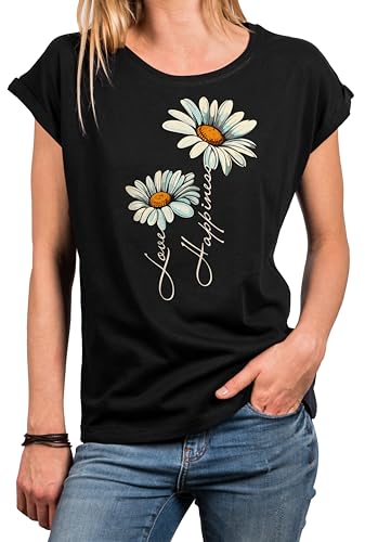 MAKAYA T-Shirt mit Blumendruck Damen Top Gänseblümchen Blumen Shirts Blumenprint Schwarz Große Größen XL von MAKAYA