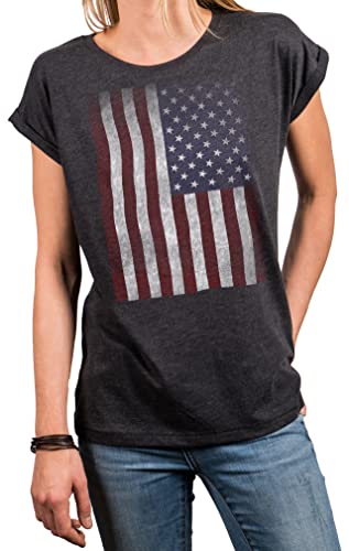 MAKAYA Vintage Damen Shirt USA Top Amerika Fahne Sommer Tunika US Flagge Große Größen Kurzarm Rundhals Grau L von MAKAYA