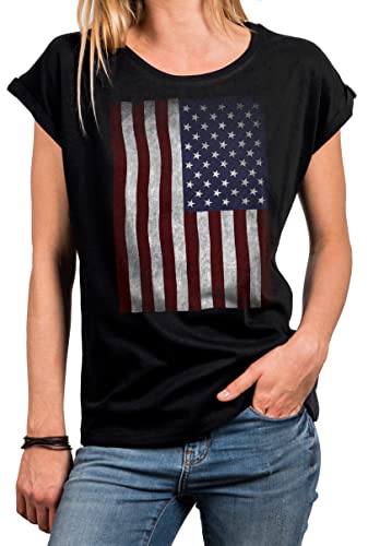 MAKAYA Vintage Damen Shirt USA Top Amerika Fahne Sommer Tunika US Flagge Große Größen Kurzarm Rundhals Schwarz M von MAKAYA