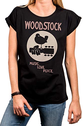 MAKAYA Vintage Sommer Top Damen - Woodstock - Hippie Band Shirt Kurzarm Rundhals Tshirt Große Größen Baumwolle Oversize Lässig Schwarz Gr. S von MAKAYA