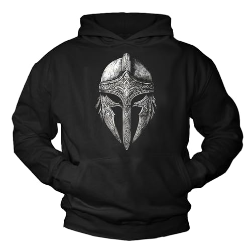 MAKAYA Wikinger Pullover Herren Shirt Langarm mit Kapuze Pulli Viking Motiv Helm Männer Jungs Jungen Sparta Schwarz XXXXL von MAKAYA