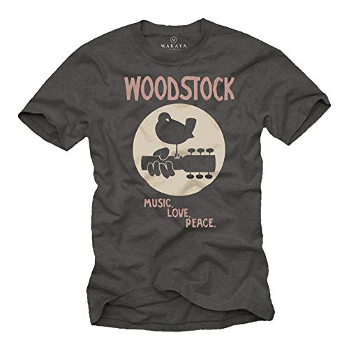 MAKAYA Woodstock T-Shirt Herren - Music Love Peace - Grau 60s 70s 80s Geschenke für Musiker Männer Größe M von MAKAYA