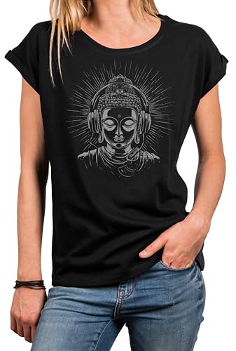 MAKAYA Yoga Shirt Damen Kurzarm Top Lotus Buddha Motiv mit Kopfhörer Namaste Meditation Yin Yang Damenshirt Schwarz XXXL MAKAYA Yoga Shirt Damen Kurzarm Top Lotus Buddha Motiv mit Kopfhörer Namaste Meditation Yin Yang Damenshirt Schwarz XXXL von MAKAYA
