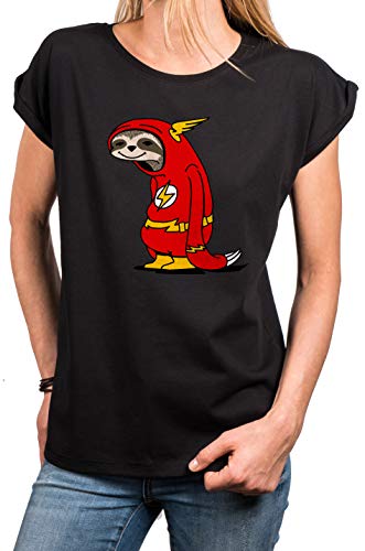 MAKAYA lustiges Tshirt für Damen mit Aufdruck Kurzarm Rundhals locker geschnitten - Flash Faultier - Lustige Tshirts Geschenke Theory schwarz Größe XXXL von MAKAYA