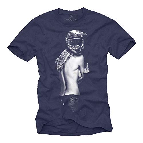 Motorrad T-Shirt Herren - Pin Up Girl mit Motocross Helm - Motorradbekleidung Blau XXXL von MAKAYA