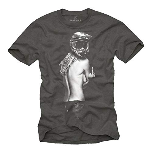 Motorrad T-Shirt Herren - Pin Up Girl mit Motocross Helm - Motorradbekleidung Grau L von MAKAYA