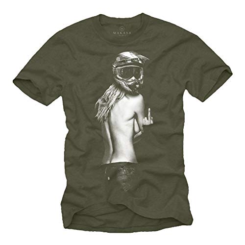 Motorrad T-Shirt Herren - Pin Up Girl mit Motocross Helm - Motorradbekleidung Grün XL von MAKAYA