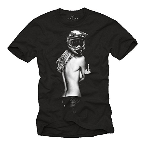 Motorrad T-Shirt Herren - Pin Up Girl mit Motocross Helm - Motorradbekleidung schwarz XXL von MAKAYA