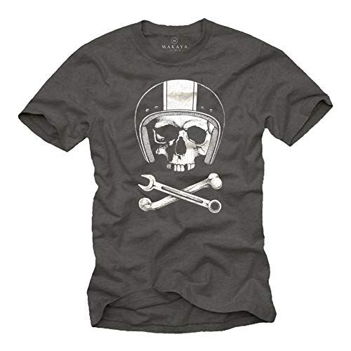 Motorrad T-Shirt für Männer Mechaniker Skull mit Motorradhelm Grau Größe XL von MAKAYA