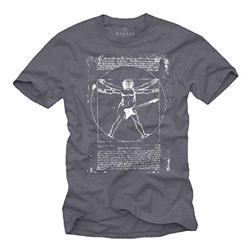 Musik T-Shirts mit Gitarre Leonardo DA Vinci Blaugrau Männer XL von MAKAYA