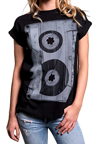 Oversize Longshirt Damen mit Aufdruck Musik Kassette Coole Hipster Oberteile T-Shirt schwarz große Größe XXL von MAKAYA