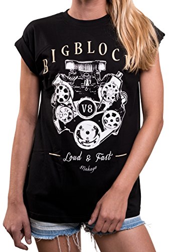 Printshirt mit V8 Big Block Motor - Rockabilly Damen Oberteile Kurzarm Top Sommer schwarz Größe S von MAKAYA