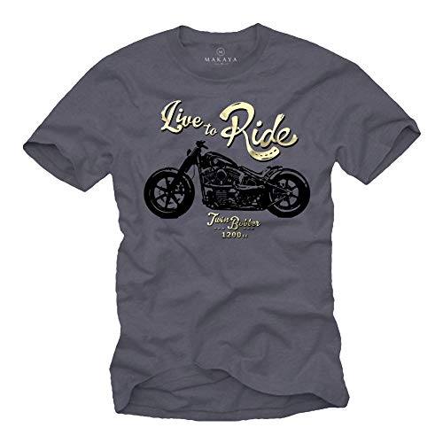 T-Shirt mit Motorrad Motiv für Herren LIVE to Ride Evolution Blaugrau XL von MAKAYA