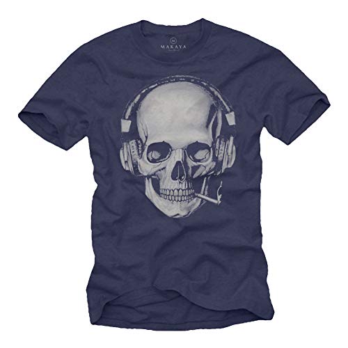 Totenkopf T-Shirt mit Kopfhörer - Skull Rock Band Musik Shirt für Herren Blau L von MAKAYA