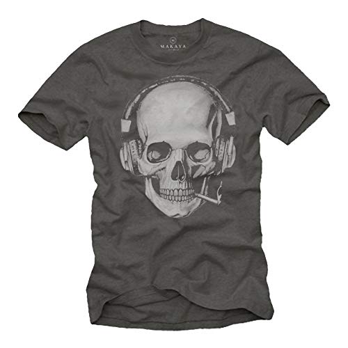 Totenkopf T-Shirt mit Kopfhörer - Skull Rock Band Musik Shirt für Herren Grau XL von MAKAYA