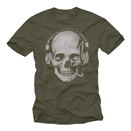 Totenkopf T-Shirt mit Kopfhörer - Skull Rock Band Musik Shirt für Herren Grün M von MAKAYA