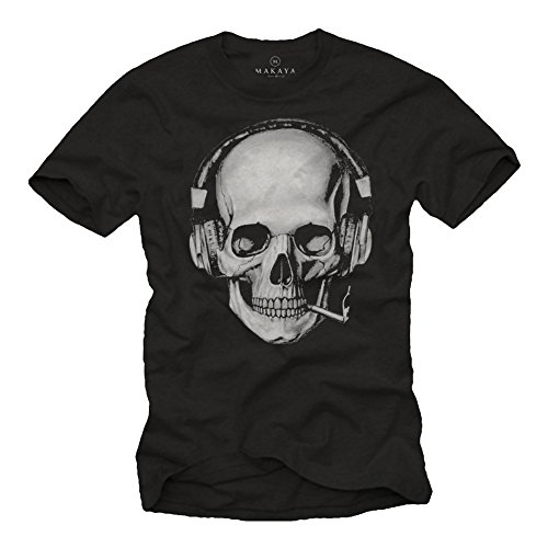 Totenkopf T-Shirt mit Kopfhörer - Skull Rock Band Musik Shirt für Herren schwarz XXL von MAKAYA