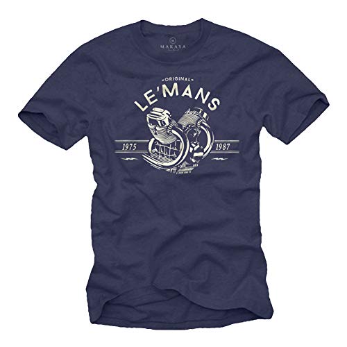 Vintage Motorrad T-Shirt Herren- Le Mans Guzzi Motor - Geschenke für Motorradfahrer Blau L von MAKAYA