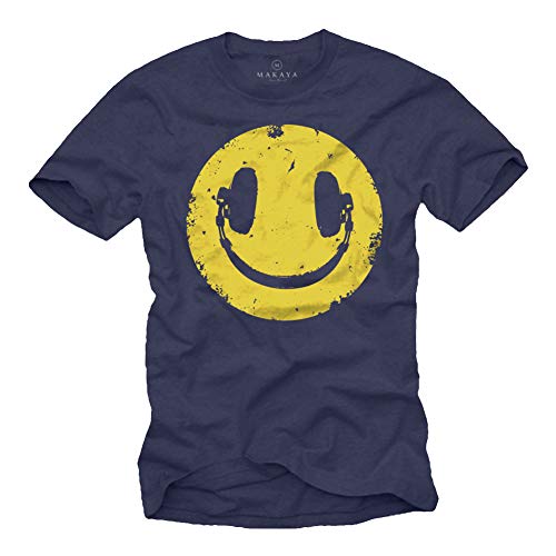 Vintage Smile T-Shirt für Herren mit KOPFHÖRER Blau Größe M von MAKAYA