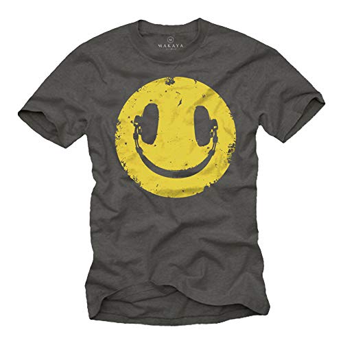 Vintage Smile T-Shirt für Herren mit KOPFHÖRER Grau Größe S von MAKAYA