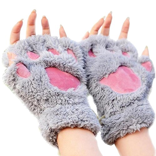 MAKFORT Fingerlose Handschuhe Winter Katze Plüsch Handschuh Grau von MAKFORT