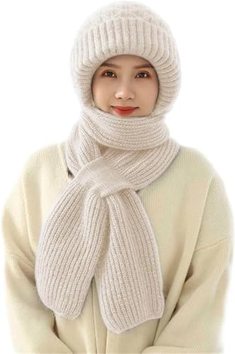MAKFORT Frauen Verdickte Integrierter Gehörschutz Winddichte Mütze Schal Damen Warme 2 in 1 Mützenschal Strickmütze Winter Kapuzenschal von MAKFORT