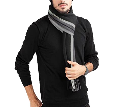 MAKFORT Herren Schal Schwarz Grau Winter Dicker Imitation Kaschmir Herrenschal Mit Fransen 180 * 30cm von MAKFORT