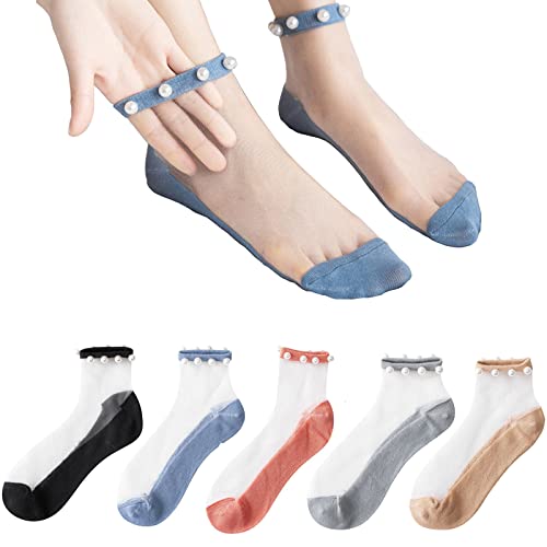 MAKFORT Kristall Tüll Perle Sommersocken - Perle transparente Socken, Sommer ultradünne Spitze kurze Socken, Nylon elastische kurze Knöchelstrümpfe für Frauen 5 Paar von MAKFORT